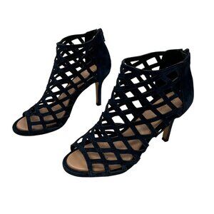 Sole Society Leather Open Toe Caged Heels Navy Size 7 Zip